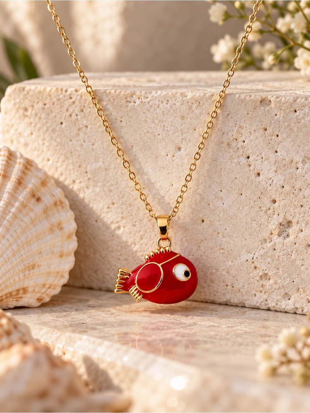Playful Red Fish Pendant Necklace Gold Tone Enamel Statement Jewelry